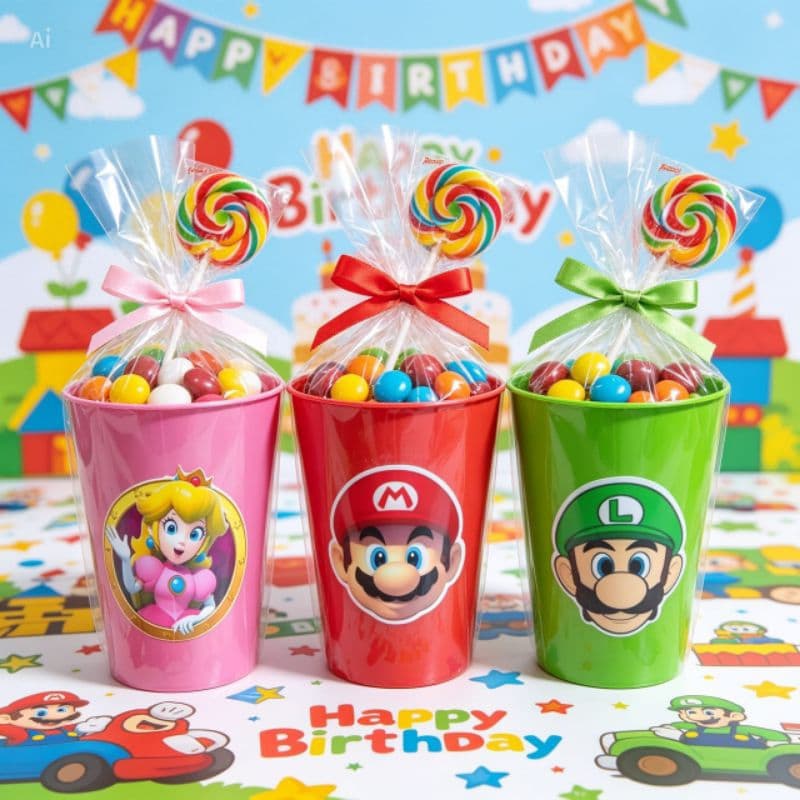 kit Copos de Plástico Reutilizável Adesivado 300ml Mario Bros e Luigi Para festas lembrancinhas Crianças