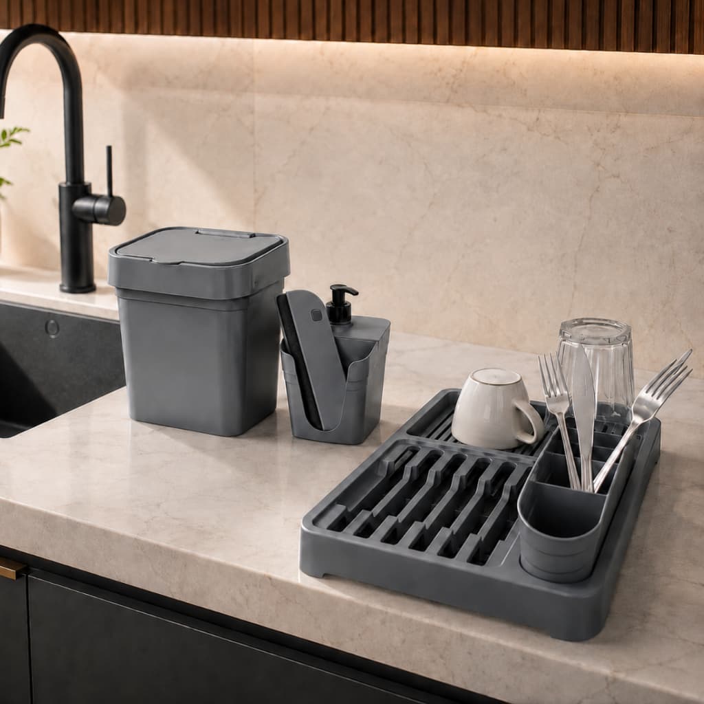 Kit Cozinha Completa 4 Peças Pia Organizada Escorredor de Louça + Lixeira + Porta Detergente e Esponja + Rodo
