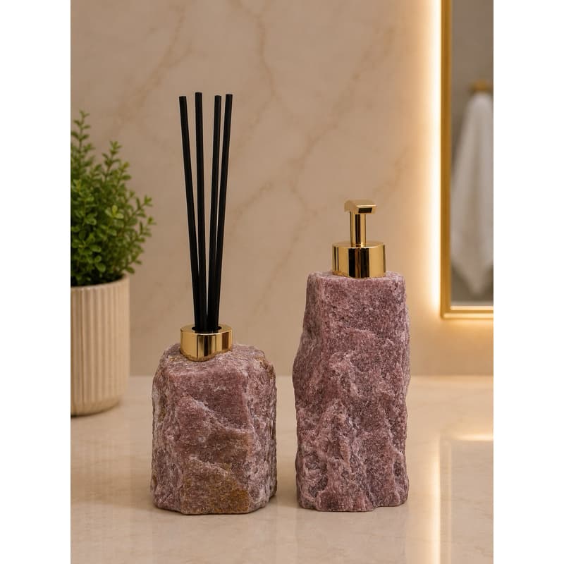 Kit Saboneteira e Difusor de Pedra Natural Fucsita Vermelha
