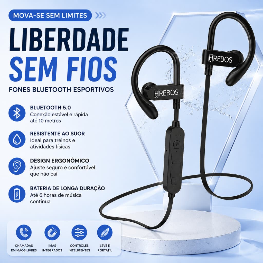 Hrebos HS-188 Fone Bluetooth 5.0 Esportivo Sem Fio Condução Óssea Resistente ao Suor