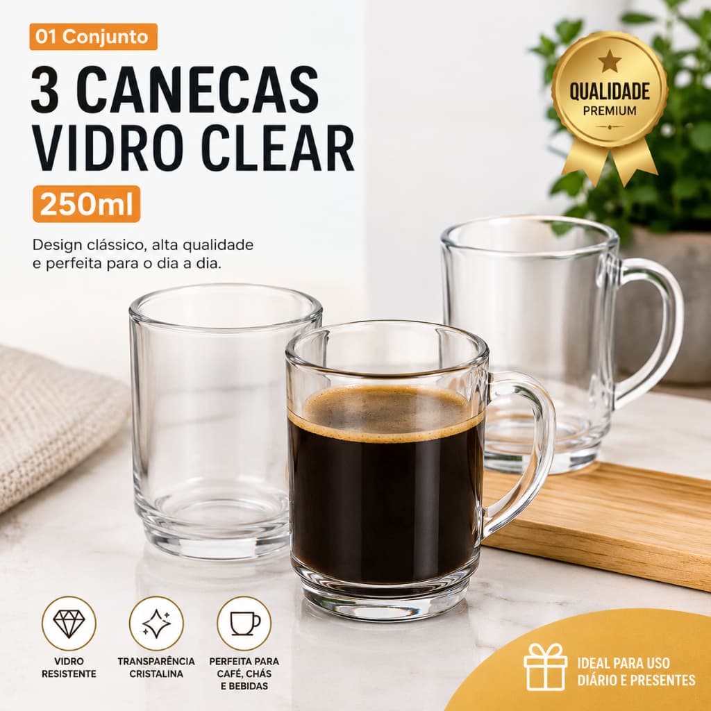 Conjunto 3 Unidades Canecas Vidro Transparente 250ml Design Prático Alta Qualidade