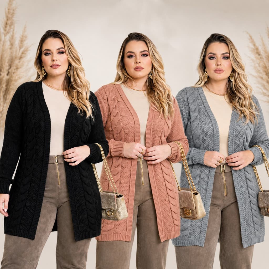 Cardigan Feminino Tricot Alongado Aberto Casaco Inverno Moda