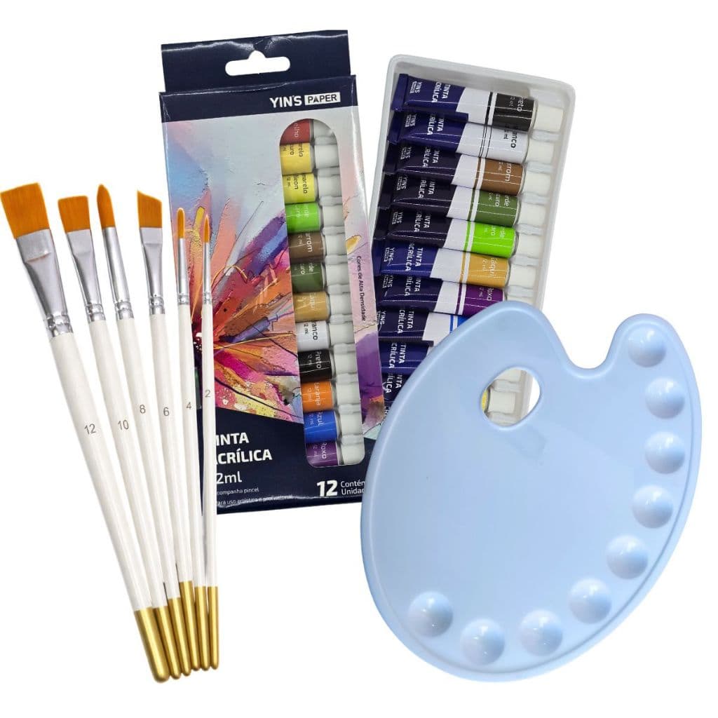 Kit Pinceis Redondos e Chanfrados 12 Tintas Acrilica e Godê 9 Cavidades Pintura