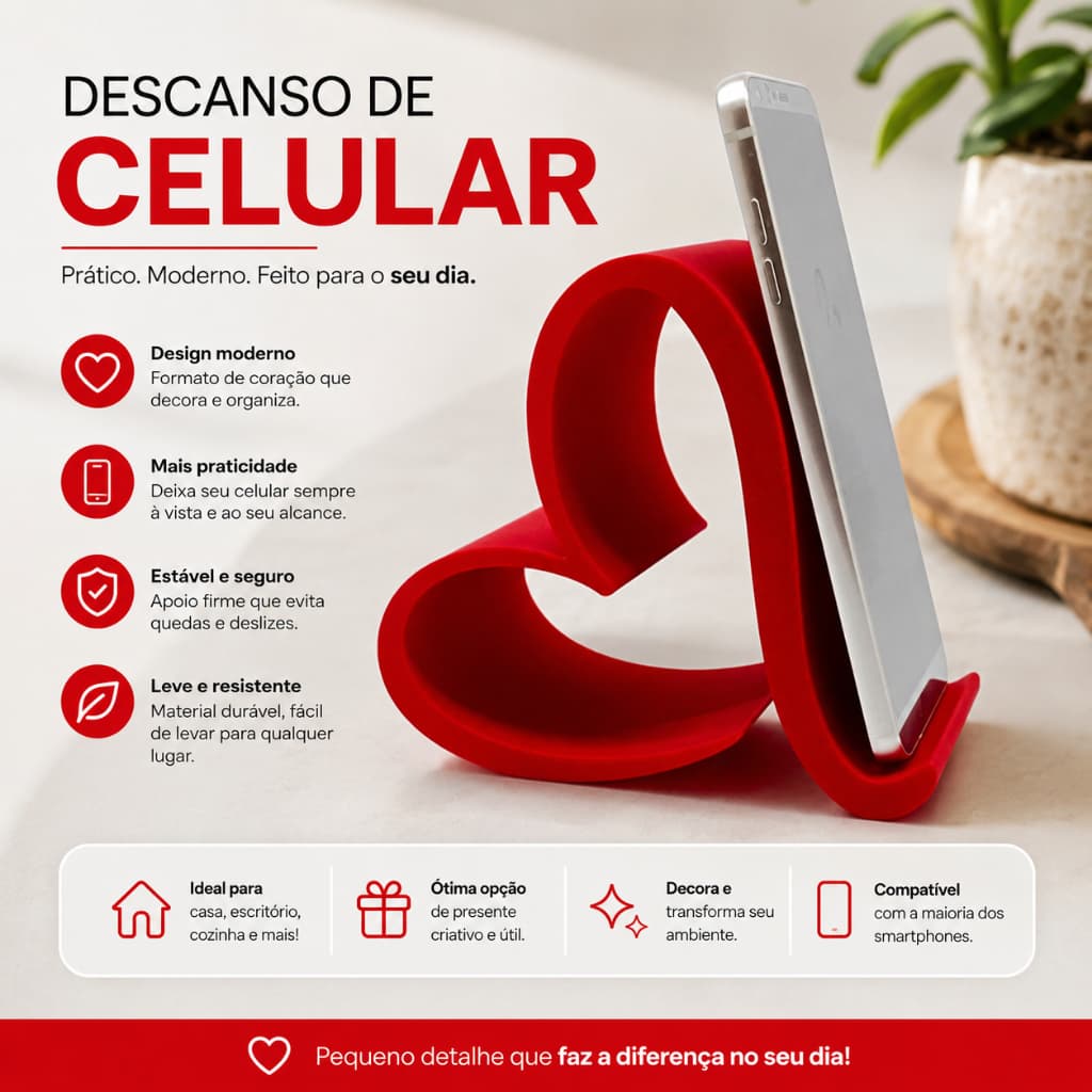 Suporte para Celular Coração Decorativo | Presente Dia dos Namorados | Porta Celular Mesa Escritório