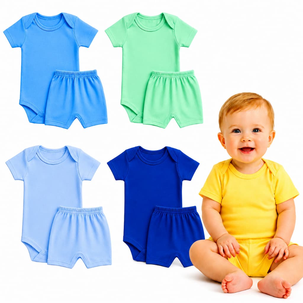 kit 4 peças Body + Shortinhos menino manga Curta verão Bebe masculino  infantil tapa fralda
