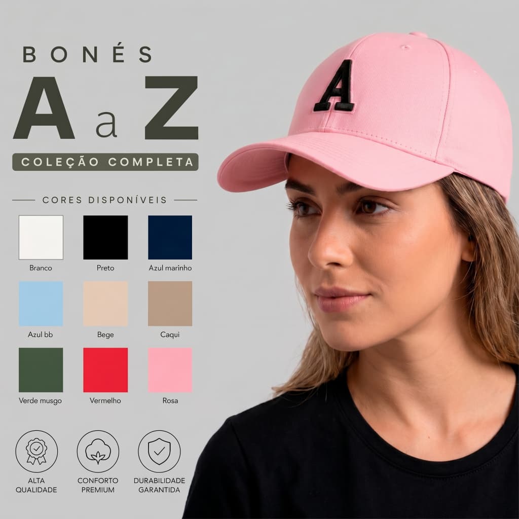 Boné Unissex Branco Letra A a Z Aba Curva Algodão Premium Casual Minimalista Moderno Dia a Dia