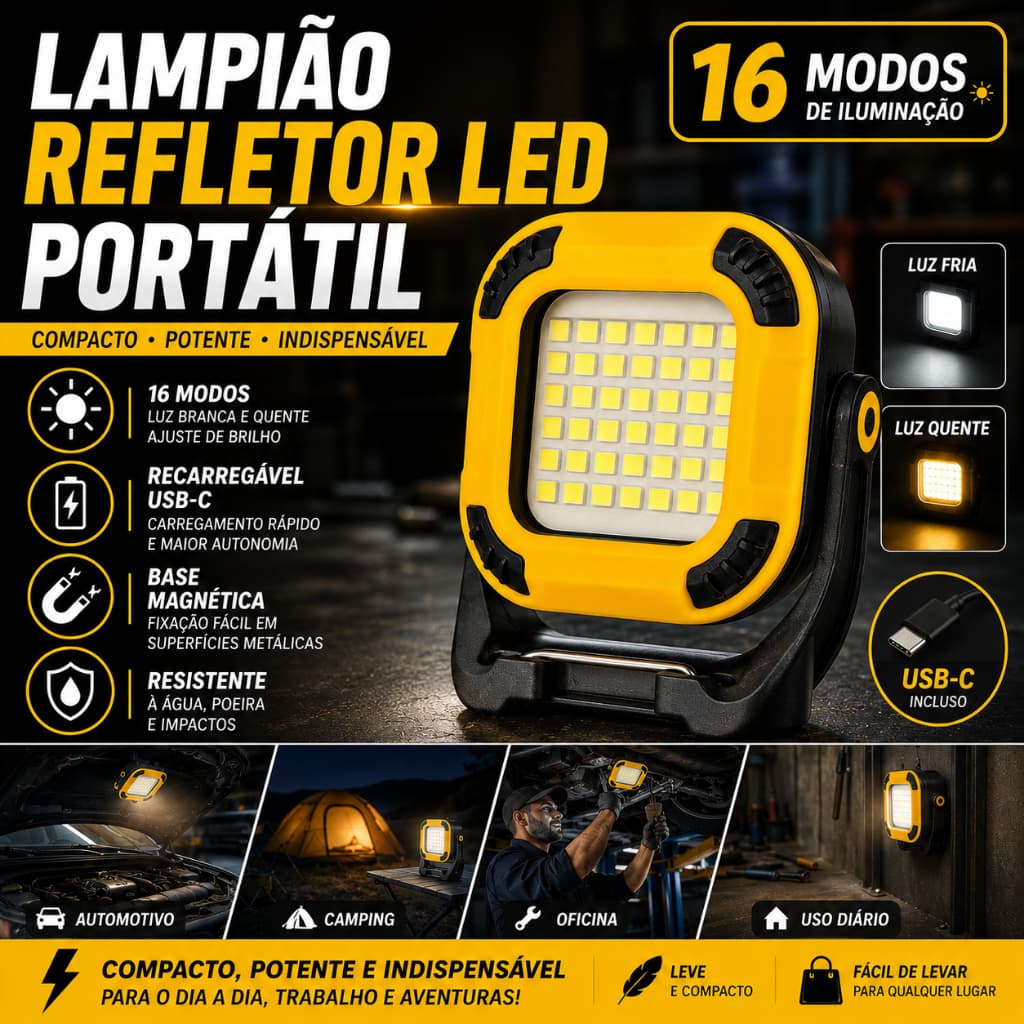 Lampião Refletor Lâmpada Led Camping Luz Trabalho Portátil Magnética Mecânico Elétrico Bateria Recarregável Potente Usb