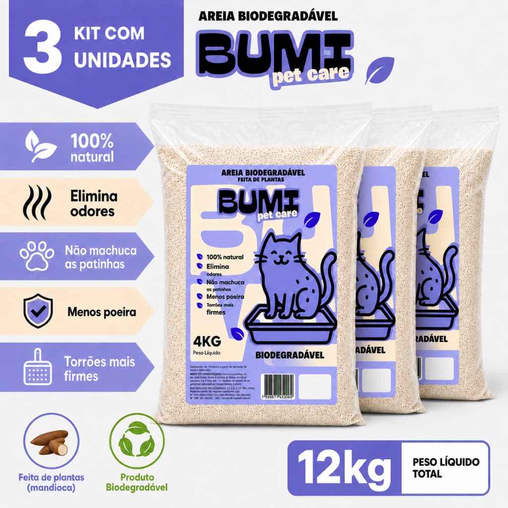Kit 1 a 3un Areia Bumi Pet 4kg Mandioca Natural Alta Absorção Anti Odor Gatos