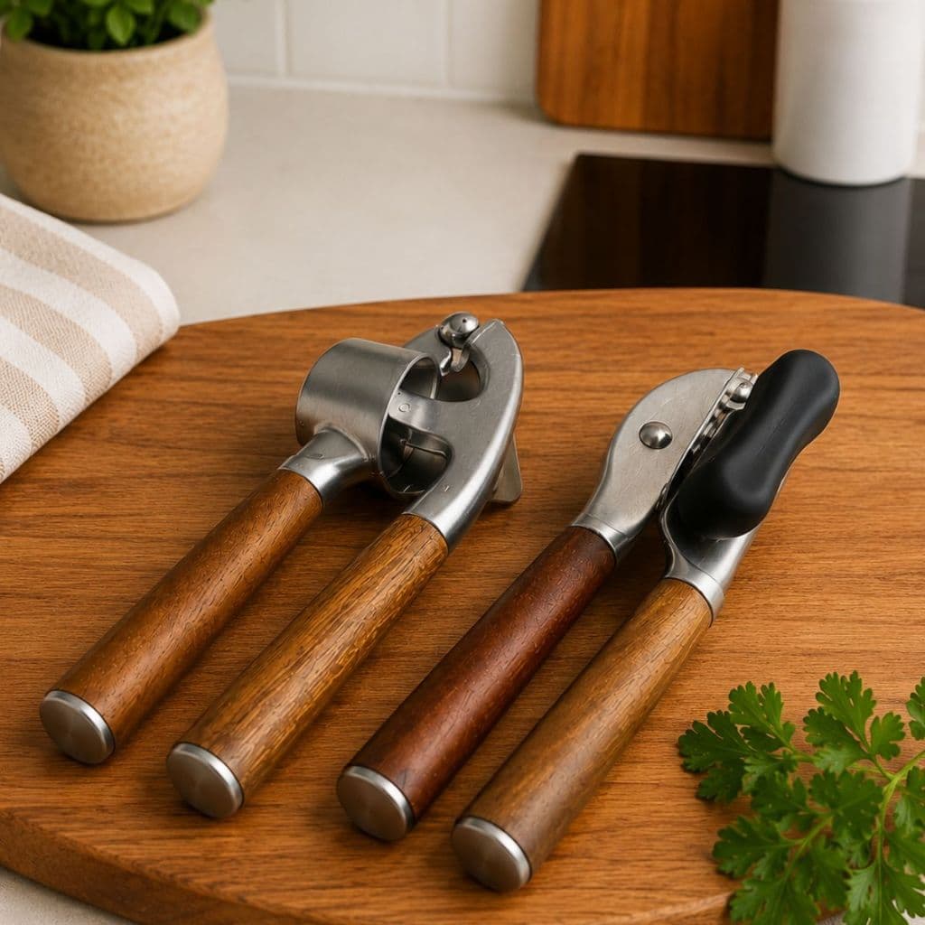 Kit Espremedor de Alho + Abridor de Latas em Aço Inox com Cabo de Madeira | Utensílios de Cozinha Premium Resistente Gou