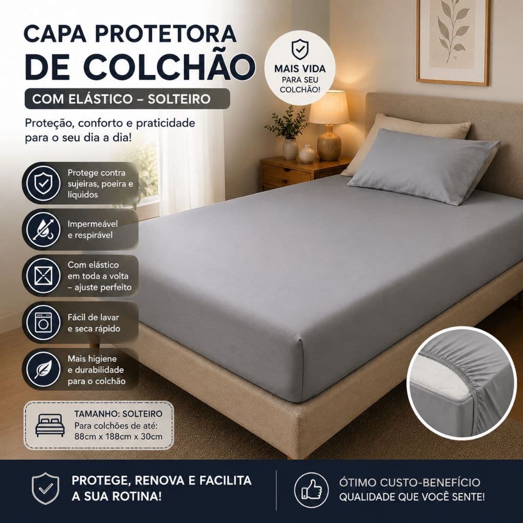 Capa Protetora de Colchão Solteiro com Elástico Cinza | Proteção Contra Ácaros, Poeira e Sujeiras