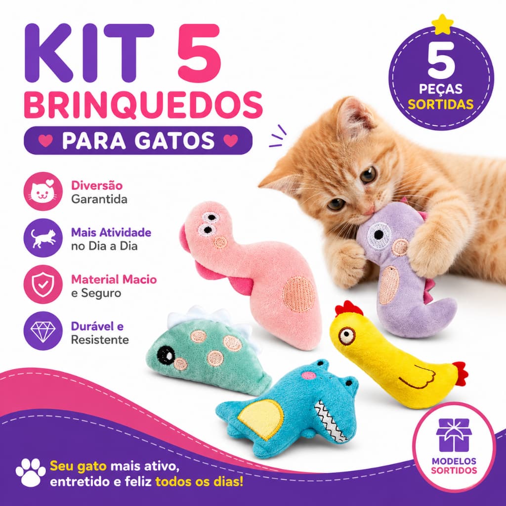 Kit 5 Brinquedos de pelúcia para Gatos Bichinhos engraçados sortidos