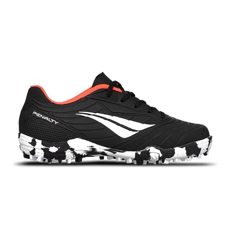 Chuteira Society Infantil Penalty Matis Kids XXI Society Menino Menina Preto Amarelo Cabedal Sintético Solado Borracha
