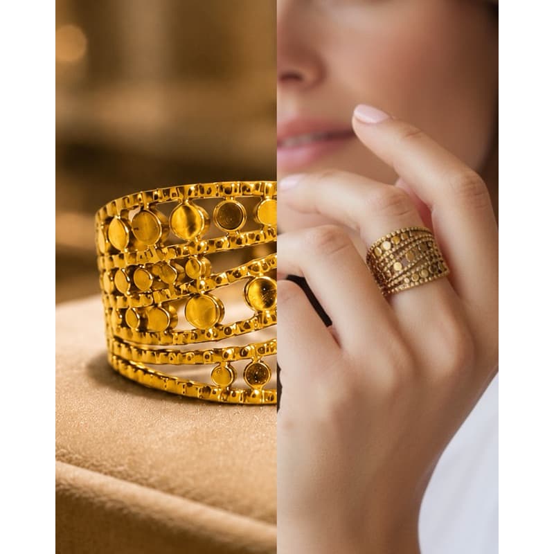 Anel Ajustável Largo Texturizado Dourado em Aço Inoxidável Feminino - use Naton