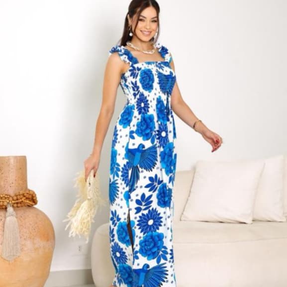 Vestido Longo Floral Lastex Busto Franzido  Alças Babado  Fenda Lateral Verão Festa Praia Casual