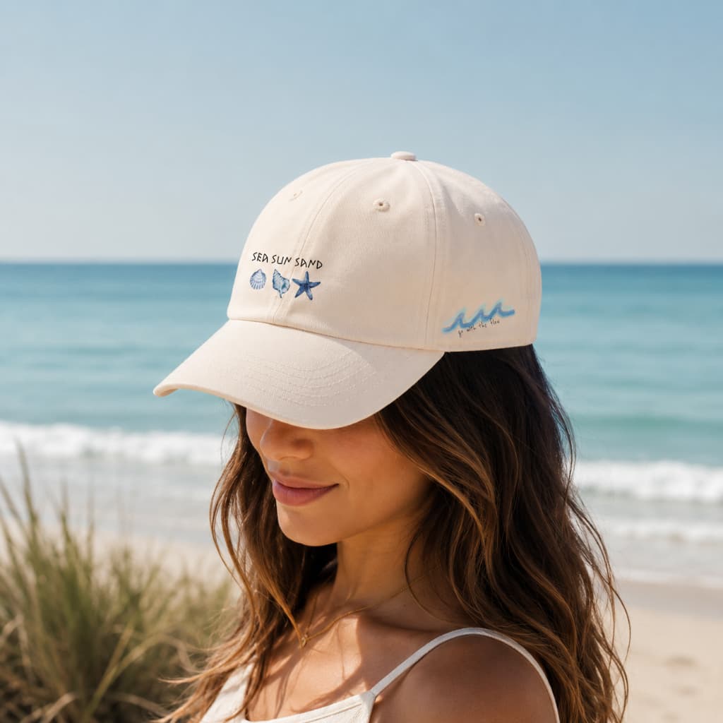 Boné Dad Hat 6 Gomos Estampado Sea Sun Sand Use Young Feminino Aba Curva Ajustável