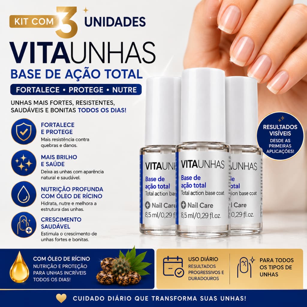 Kit 3 Base Crescimento Das Unhas 10x1 Vitaunhas Com Óleo De Rícino Fortalecedor Endurecedor Anti Quebra 8,5ml