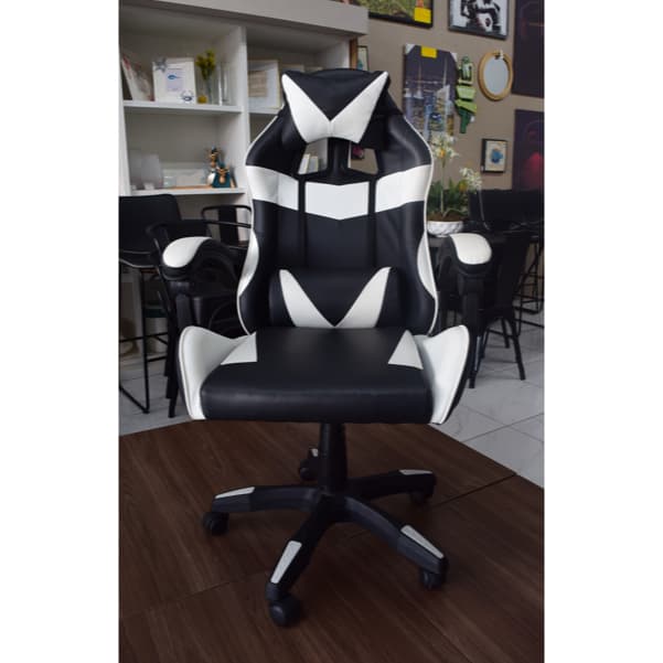 Cadeira Escritório Gamer Profissional Reclinável Ergonômica Preto e Branco Couro Sintético