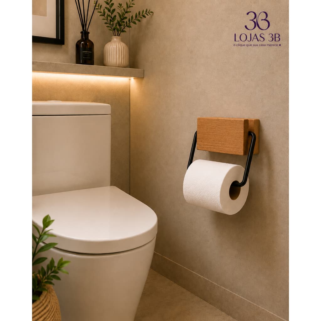 Suporte para Papel Higiênico em Madeira e Ferro Rústico 14cm