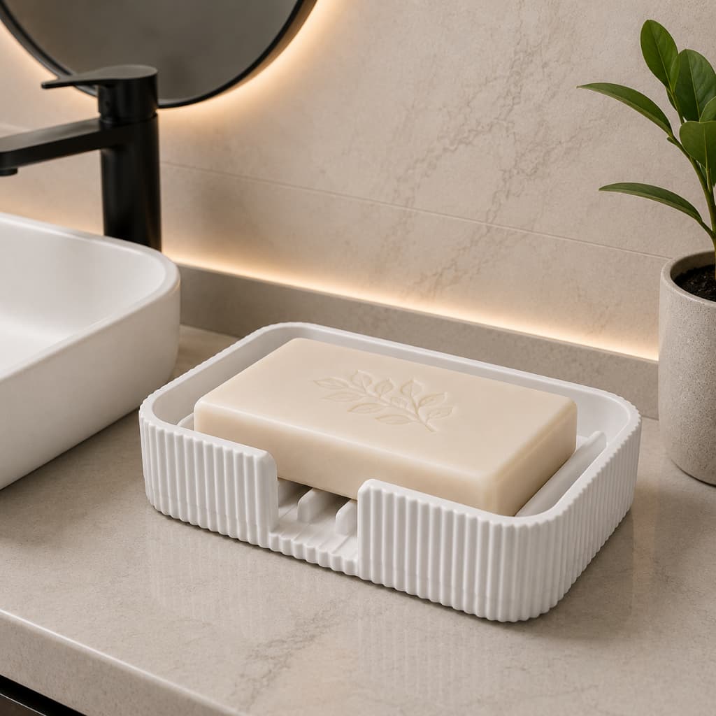 Saboneteira Quadrada Ripada com Escoamento Porta Sabonete Bancada Banheiro Lavabo Berço 104mm Preta Branca