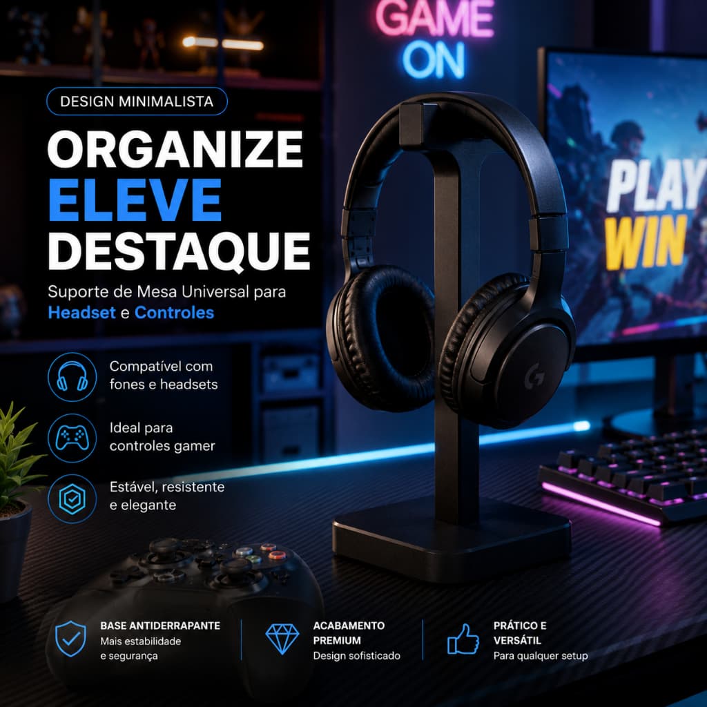 Suporte de Mesa para Fone Headset Controle Gamer Universal Elegante Minimalista Prático