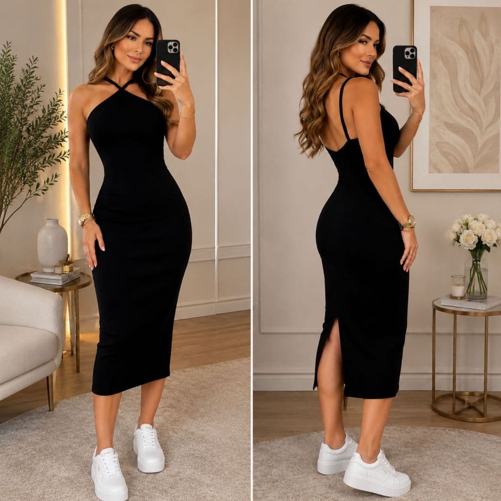 Vestido Feminino Canelado Midi  Elegância e Conforto Longo Moda Gringa Costa Nua Tubinho São Paulo