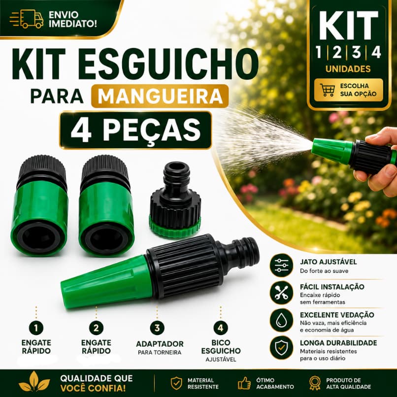Conjunto Esguicho para Mangueira 4 Peças Ajustável com Engate Rápido Adaptador para Jardim Carro Quintal e Limpeza