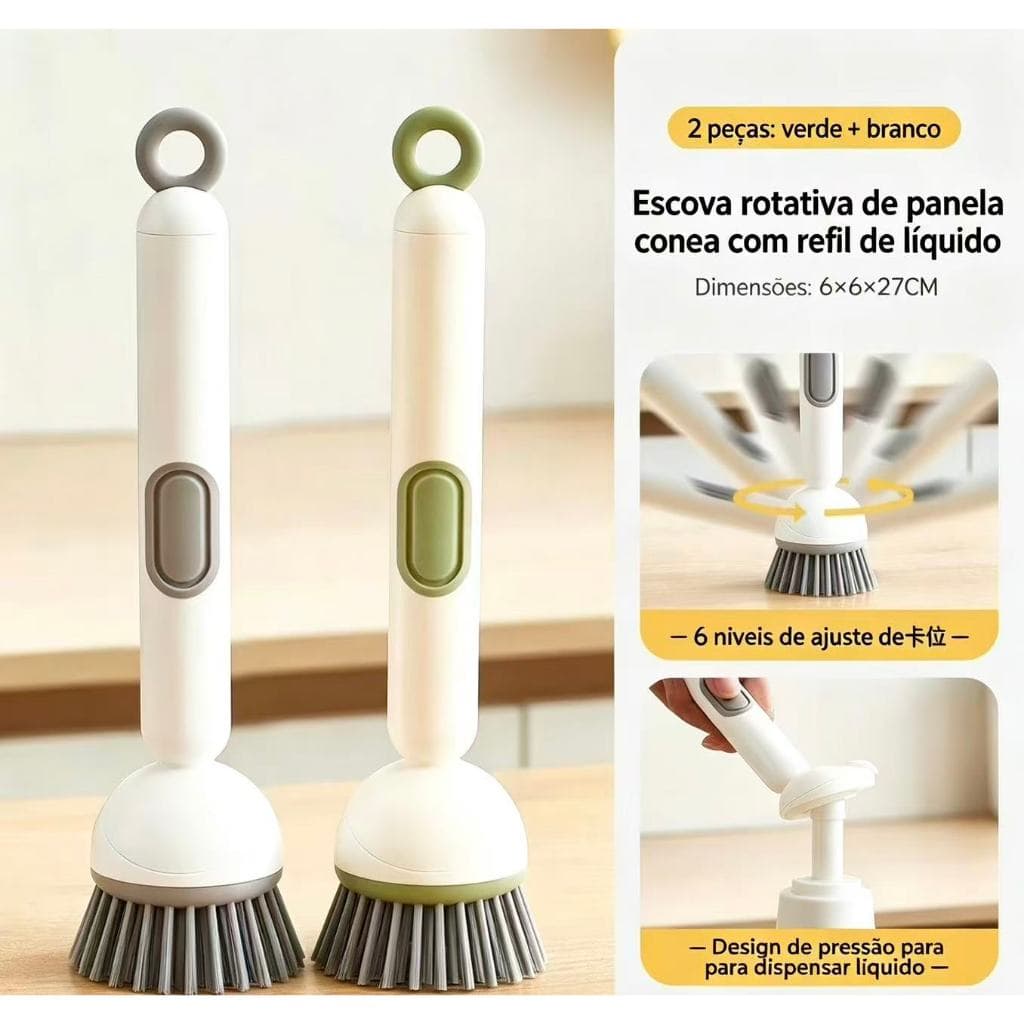 Escova Giratória para Panelas com Reservatório de Detergente, 6 Ajustes, Cerdas de PET Não Arranha, Limpeza sem Esforço