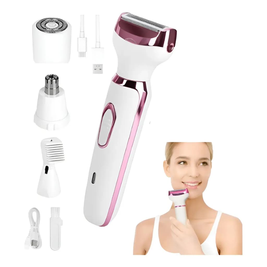 Máquina 4 em 1 Feminina – Depiladora Elétrica + Aparador de Pelos Íntimos, Sobrancelhas e Nariz