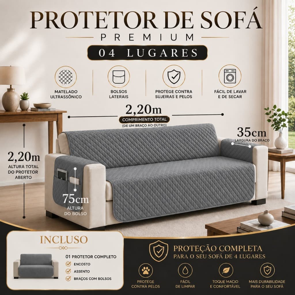 Protetor Sofá 4 Lugares Matelado Premium Lavável Porta Objetos Bolsos Laterais