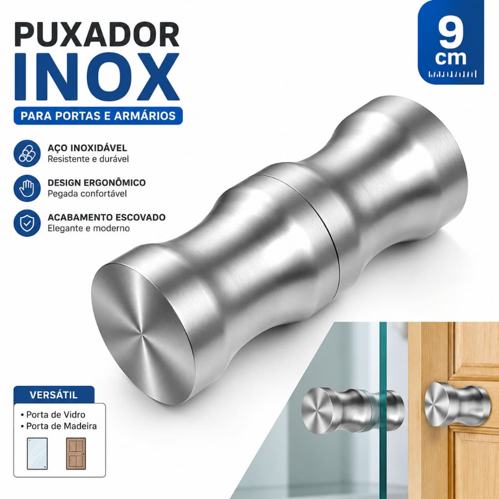 Puxador Duplo Aço Inox 201 9cm para Porta de Vidro e Madeira Armário Gaveta Fácil Instalação