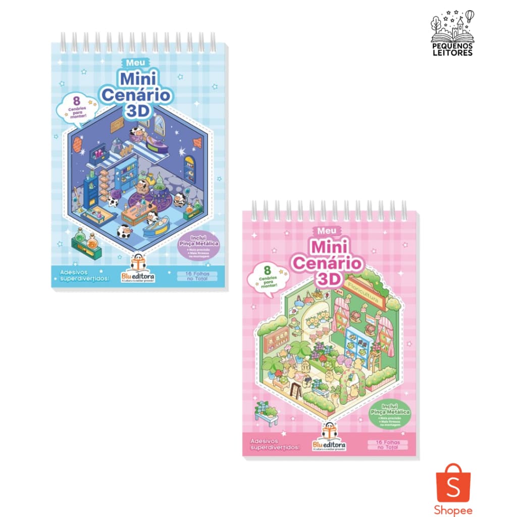 Livro Infantil Mini Cenário 3D Montável Interativo Azul Rosa Educativo com Adesivos