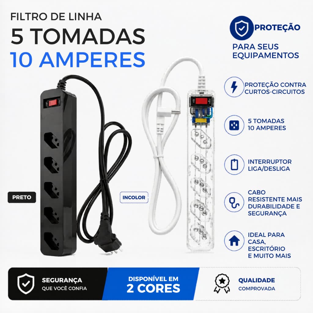 Filtro de Linha com Protetor de Surto DPS iClamper 5 Tomadas 10 Amperes Tecnologia LCF Anti Raio Cla