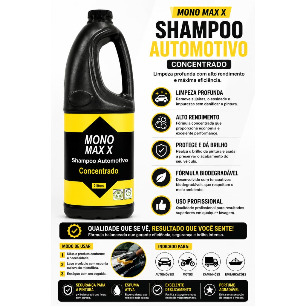 Shampoo Automotivo Concentrado Mono Max X 2L Limpeza Profunda Alto Rendimento