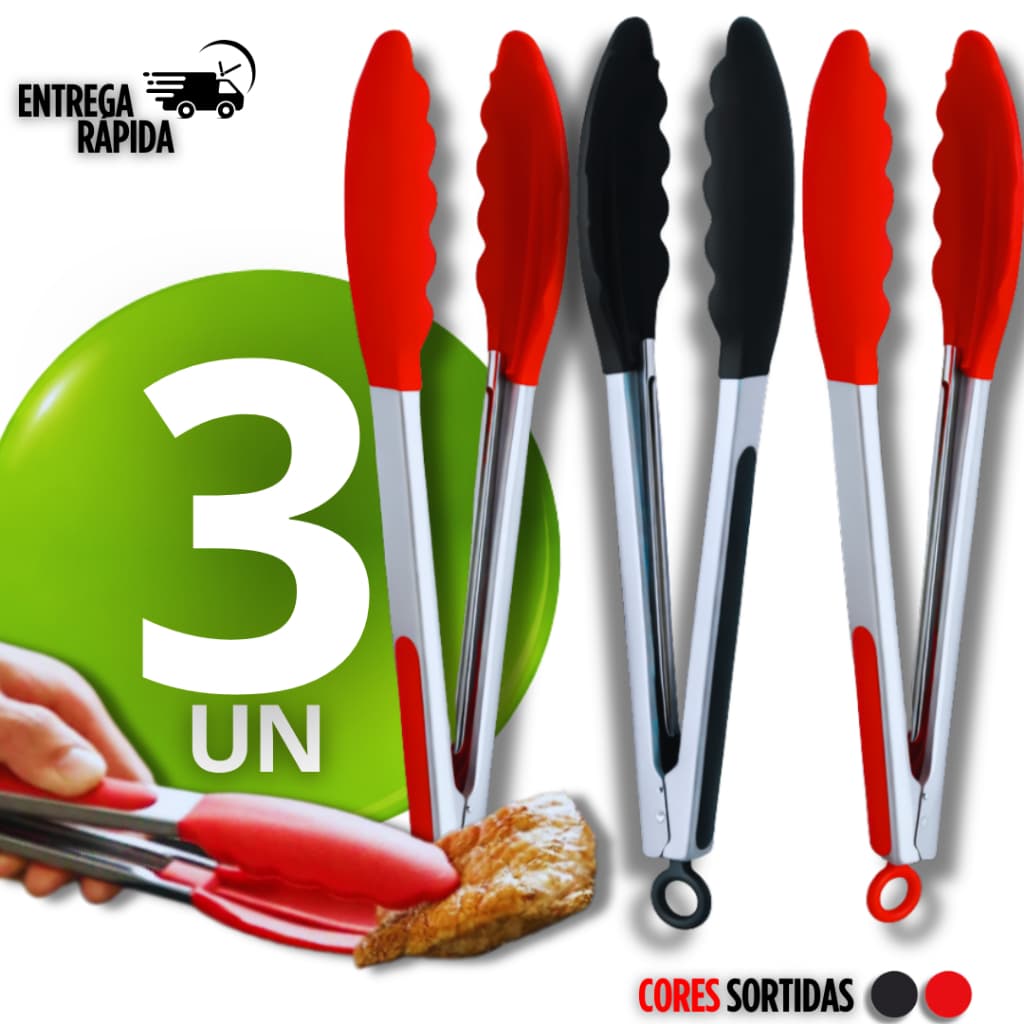 Jogo 03 Pegador De Silicone e Inox Para Carne Churrasco Salada Pão Salgados Lanchonete Cozinha Pegadores