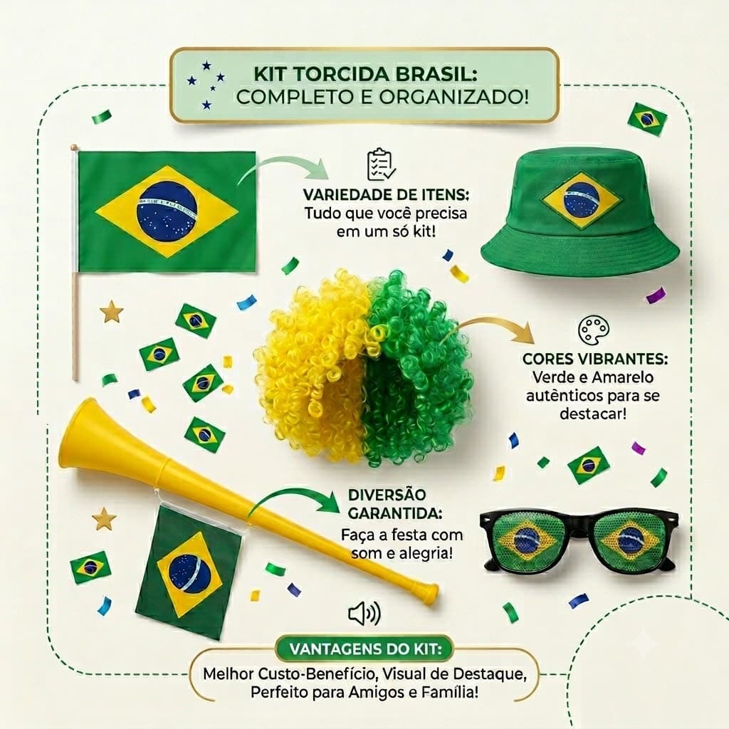 Kit Copa Mundo Torcedor Brasil Hexa 2026 Bandeira Pintura Facial Vuvuzela 5 Itens Envio Rápido