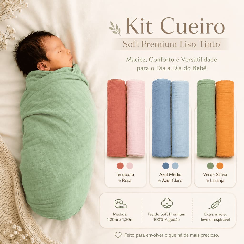 Cueiro Soft Premium Papi Baby Tinto 1,20M X 1,20M 02 Unidades 100% Algodão