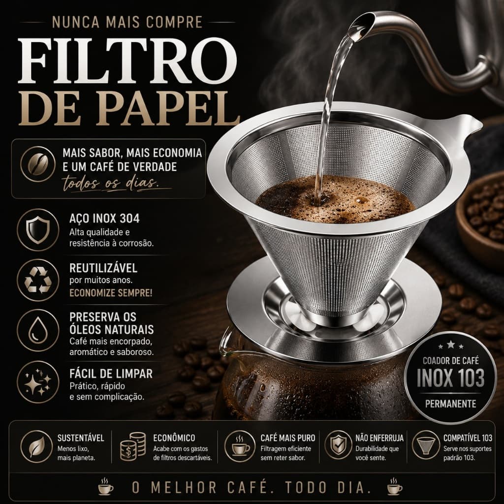 Coador de Café Inox 103 Permanente Filtro Reutilizável Aço Inox 304 Sem Papel Ecológico