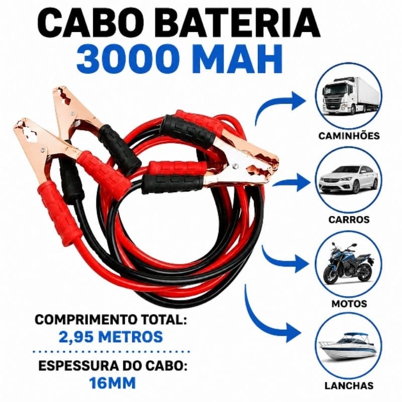 Cabo Auxiliar de Partida - Chupeta 3000 Amp 2,65 M de cabo Carro Moto