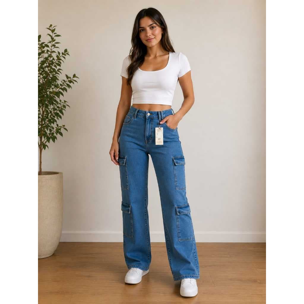 CALÇA JEANS CARGO WIDE LEG BLOGUEIRA 6 BOLSOS SEM LYCRA