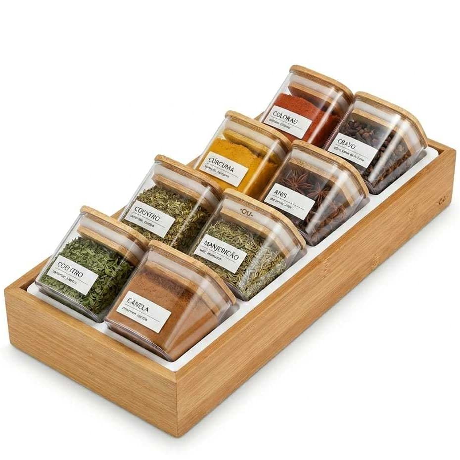 Organizador de Temperos Condimentos 9 Peças Bambu Ou
