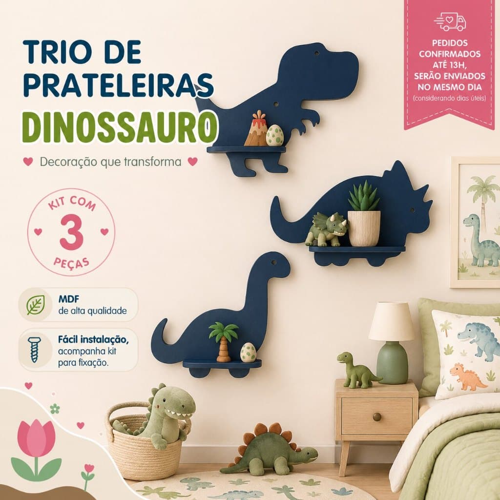 Kit 3 prateleiras dino Trio de prateleiras dinossauros em mdf