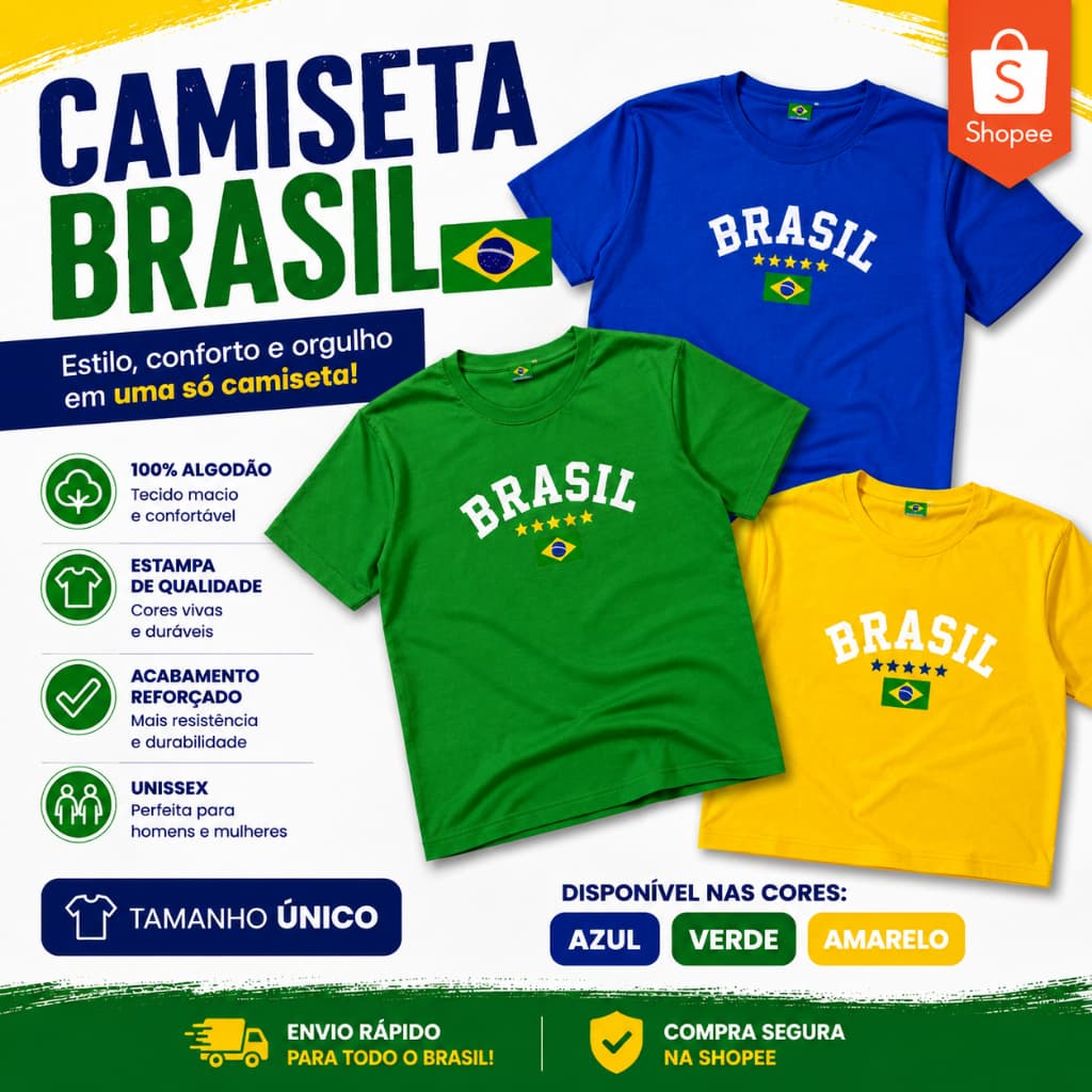 Camiseta Brasil Feminina Tamanho Único 🇧🇷 Malha Leve e Confortável | Cores Azul, Verde e Amarelo