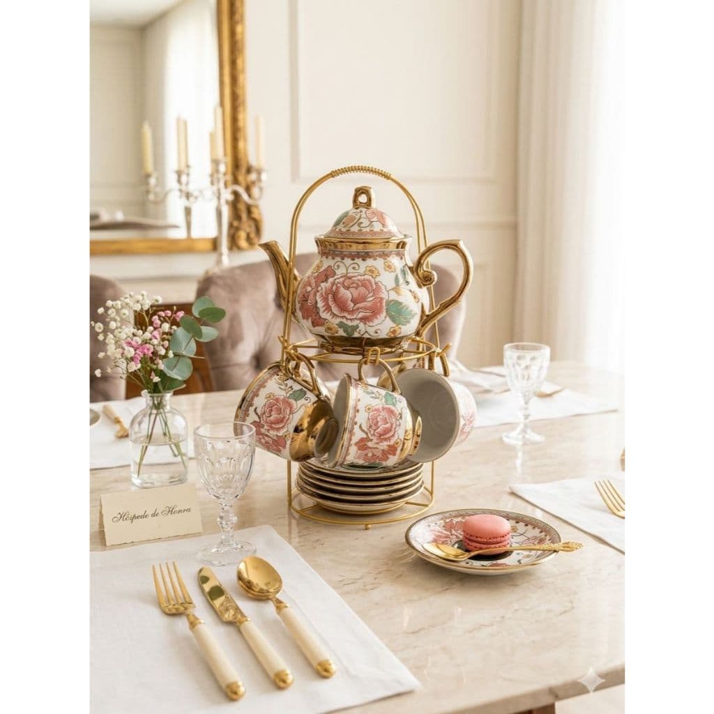 Kit Chá e Café Cerâmica Completo Bule 700ml + 6 Xícaras 150ml com Pires e Suporte de Metal Elegante