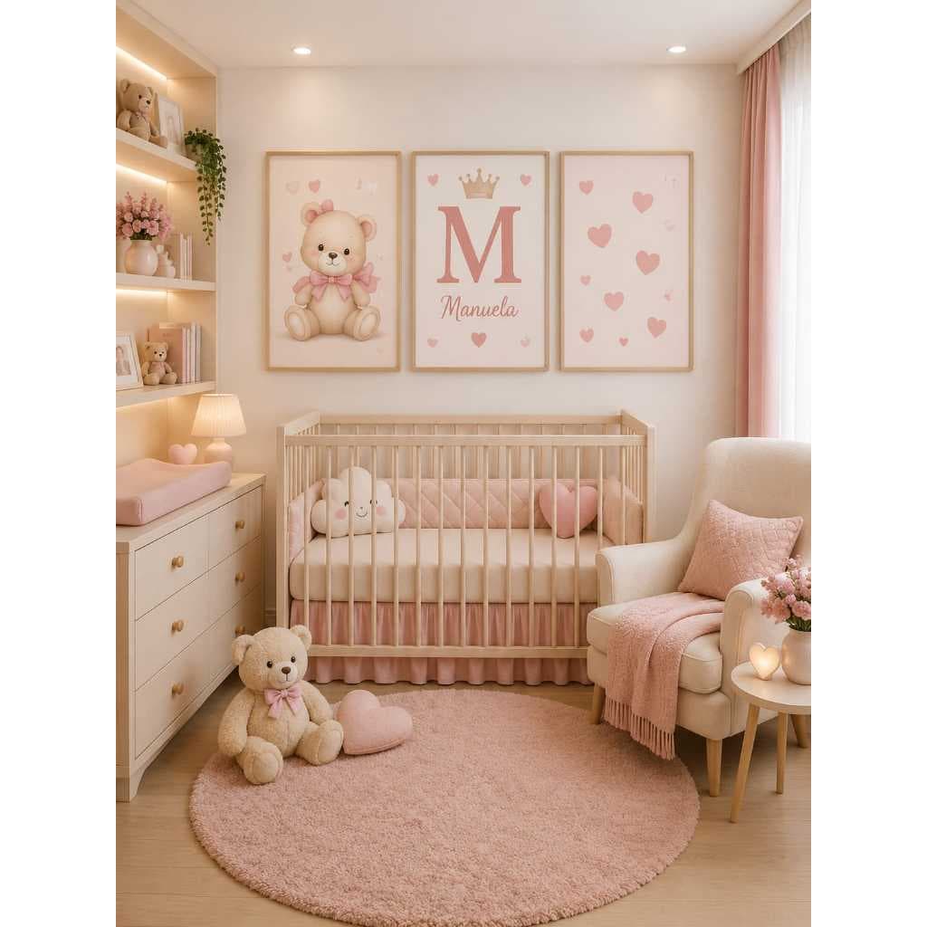 Kit Quadros Ursinha Coração Personalizado Nome Inicial Menina Bebê Decoração Quarto Infantil 3 Peças