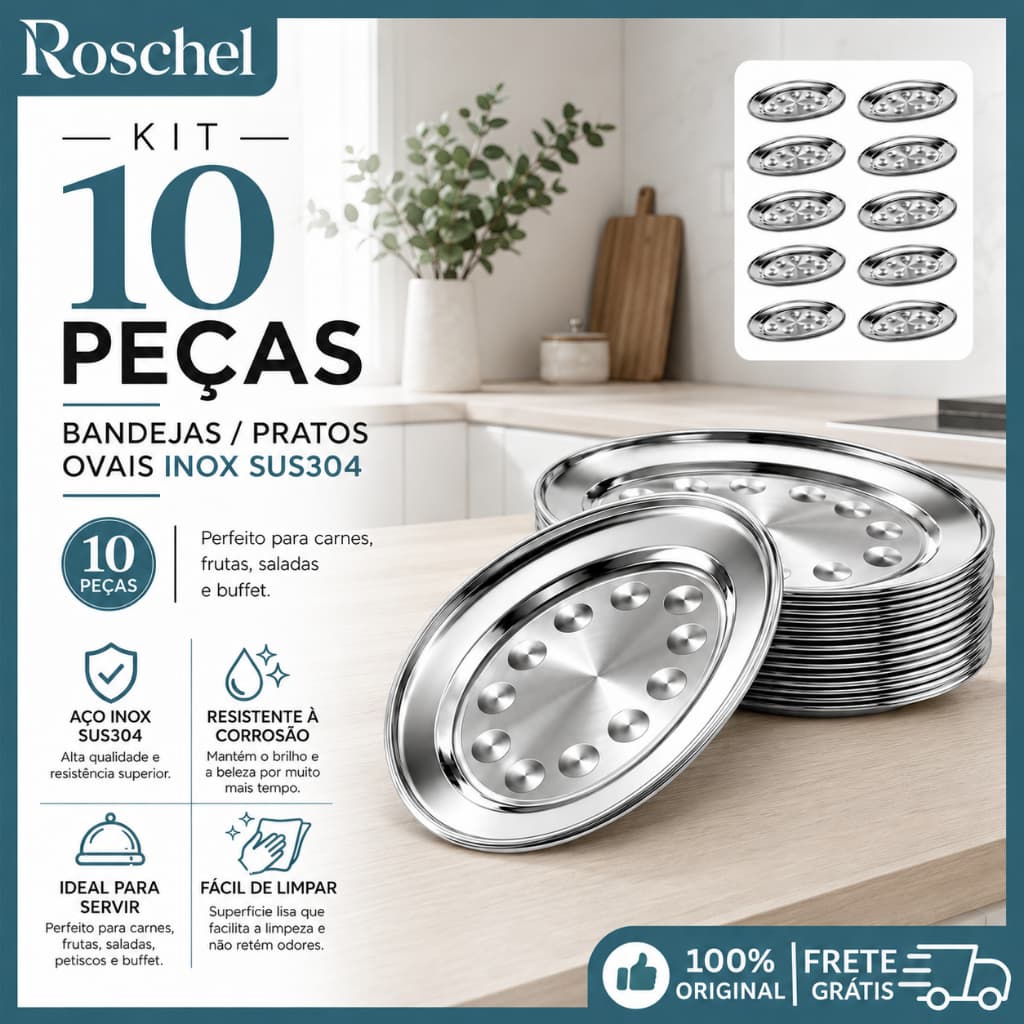 Conjunto Kit 10 Pratos Ovais Inox SUS304 Travessas Bandejas para Carnes Frutas Salada Restaurante