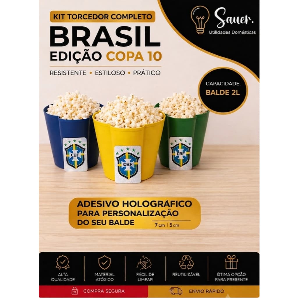 Balde de Pipoca Torcedor Verde, Amarelo e Azul com Adesivo Holográfico | Kit Futebol Copa do Mundo Festas Jogos Torcida