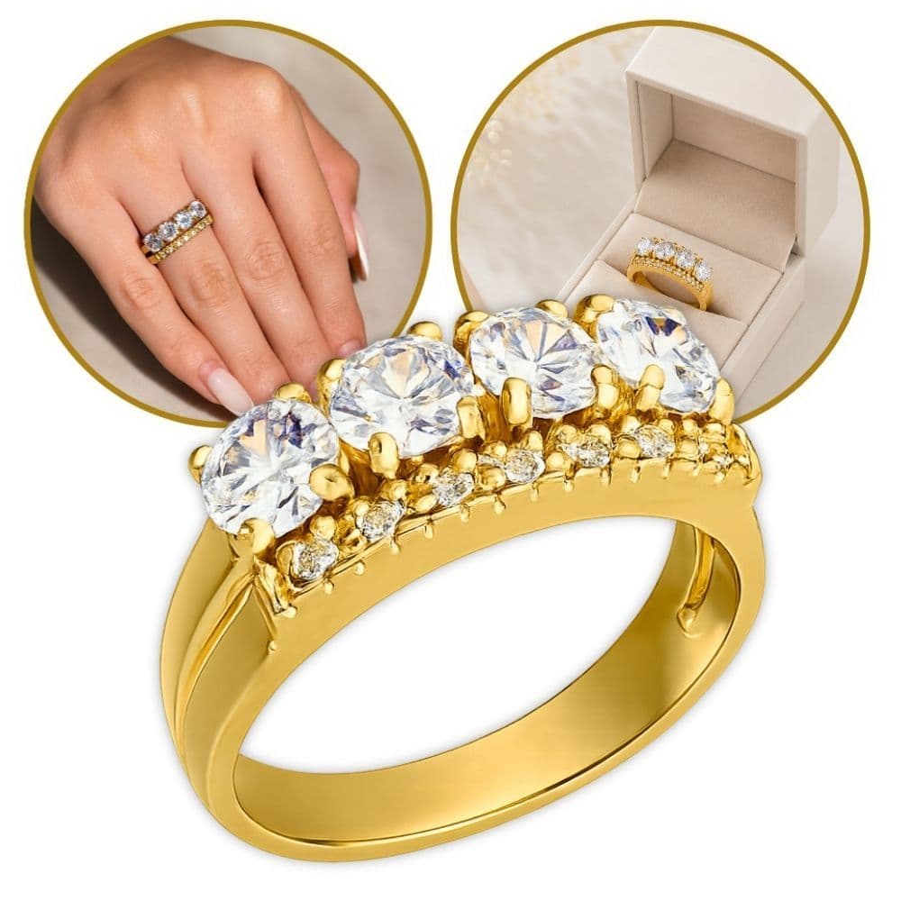 Anel Aparador Duplo Virginia Feminino 100% Moeda Antiga Dourado com Zircônias Brilhantes Luxo
