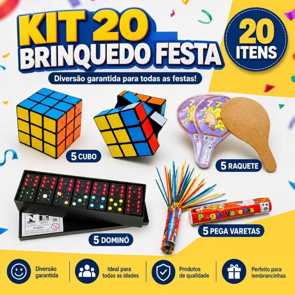 KIT 20 BRINQUEDOS FESTA INFANTIL BRINDE PRENDA PROMOÇÃO CUBO PEGA VARETA DOMINO RAQUETE