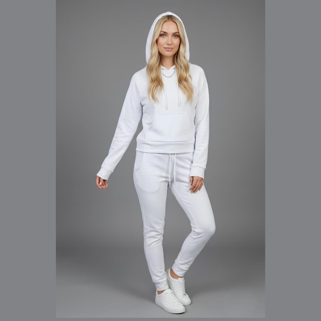 Conjunto Feminino Branco Felpado com Capuz e Bolso Casual  Inverno Confortável