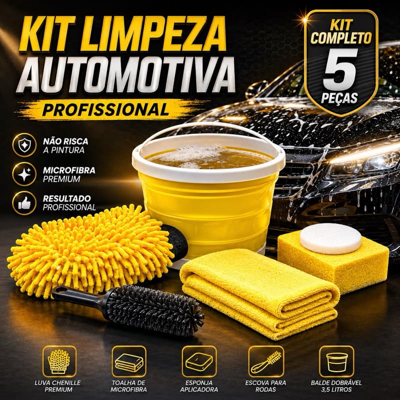 Maleta Kit Limpeza Automotiva Profissional 5 Pçs Com Balde Dobrável 3,5L Luva Chenille Microfibra Não Risca A Pintura